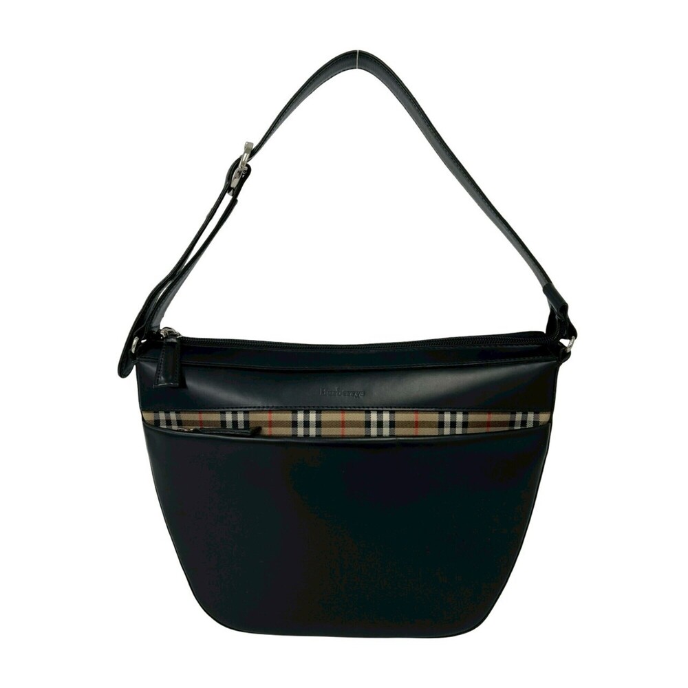 Burberrys Vintage Nova Check Pattern Leather Semi-One Shoulder Bag Tote Black...